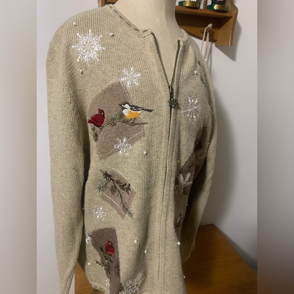 Croft & Barrow Embroidered Cardinal Winter Zip Cardigan Silk Blend Patchwork XL - Picture 9 of 16